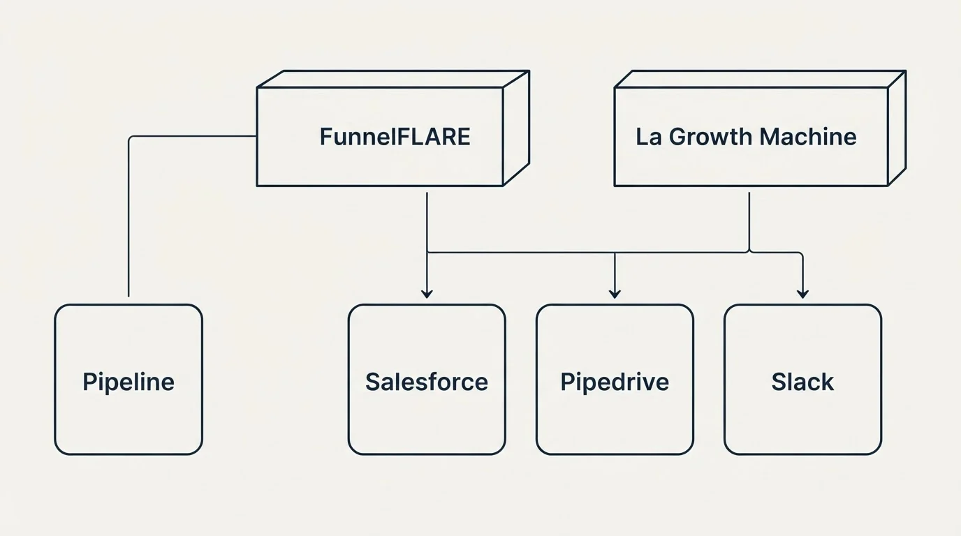 Integration grid: Integration Ecosystem (FunnelFLARE, La Growth Machine, Salesforce, Pipedrive)