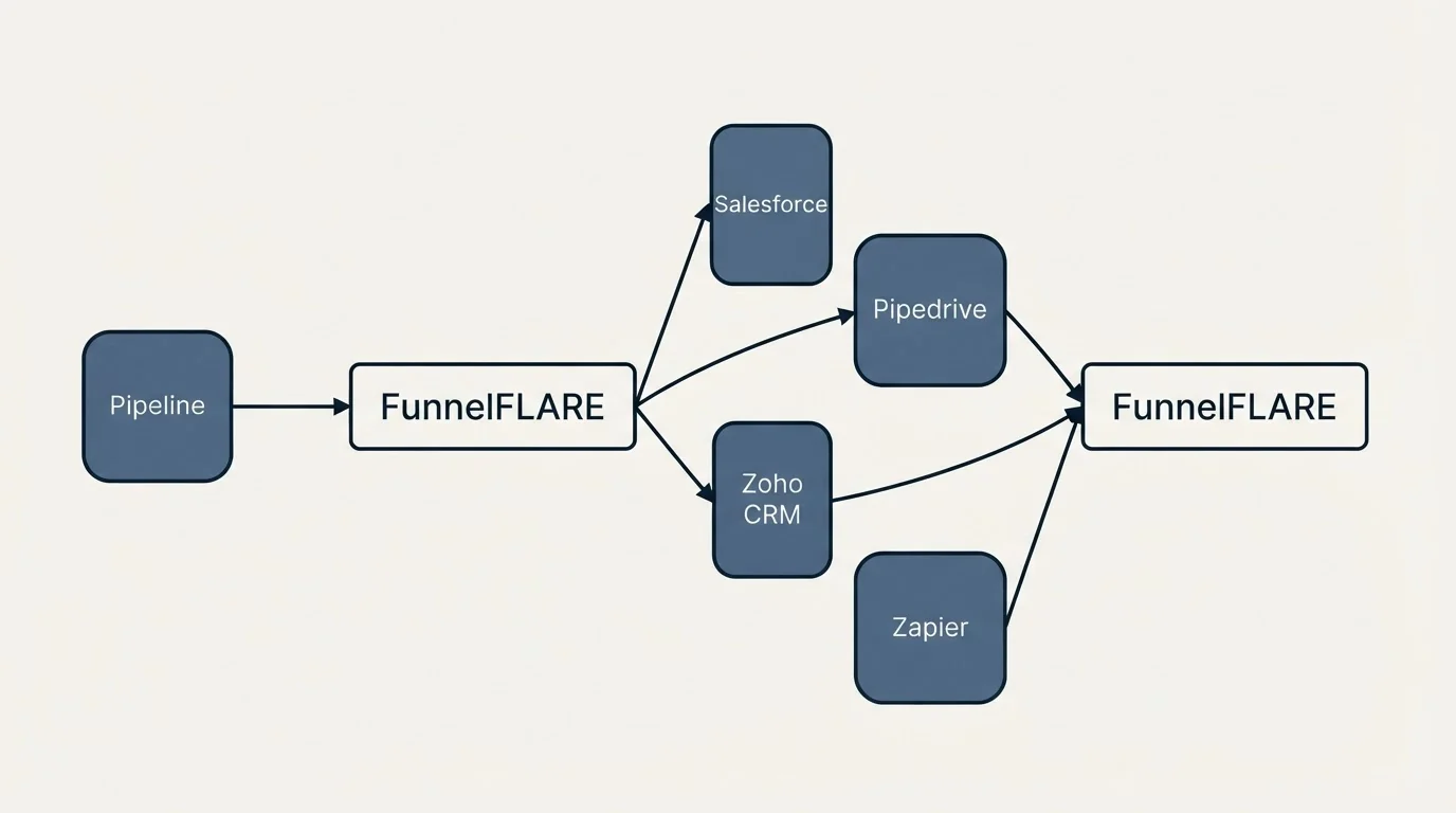 Integration schematic: Integration Ecosystem (FunnelFLARE, Salesforce, Pipedrive, Zoho CRM)