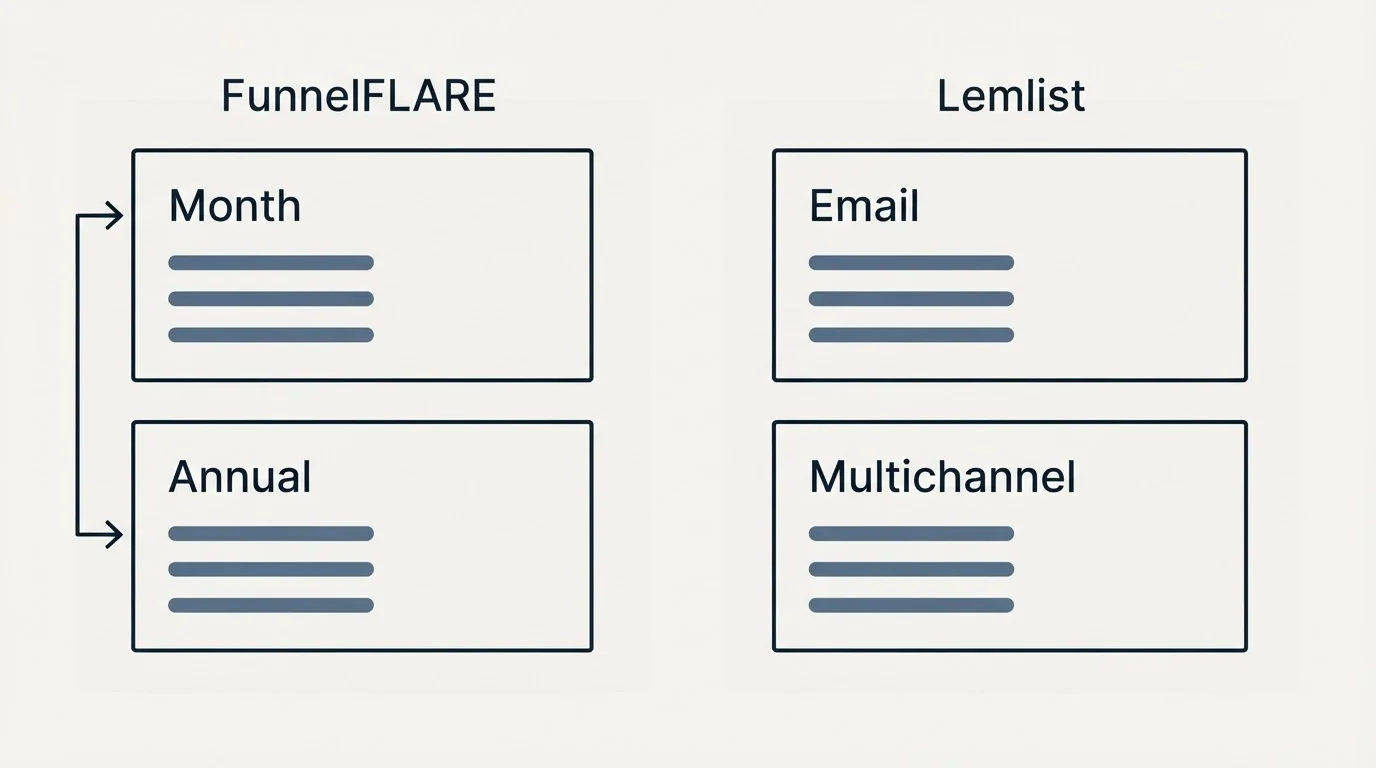 Pricing panels: Pricing Comparison (FunnelFLARE, Lemlist, Month, Email)