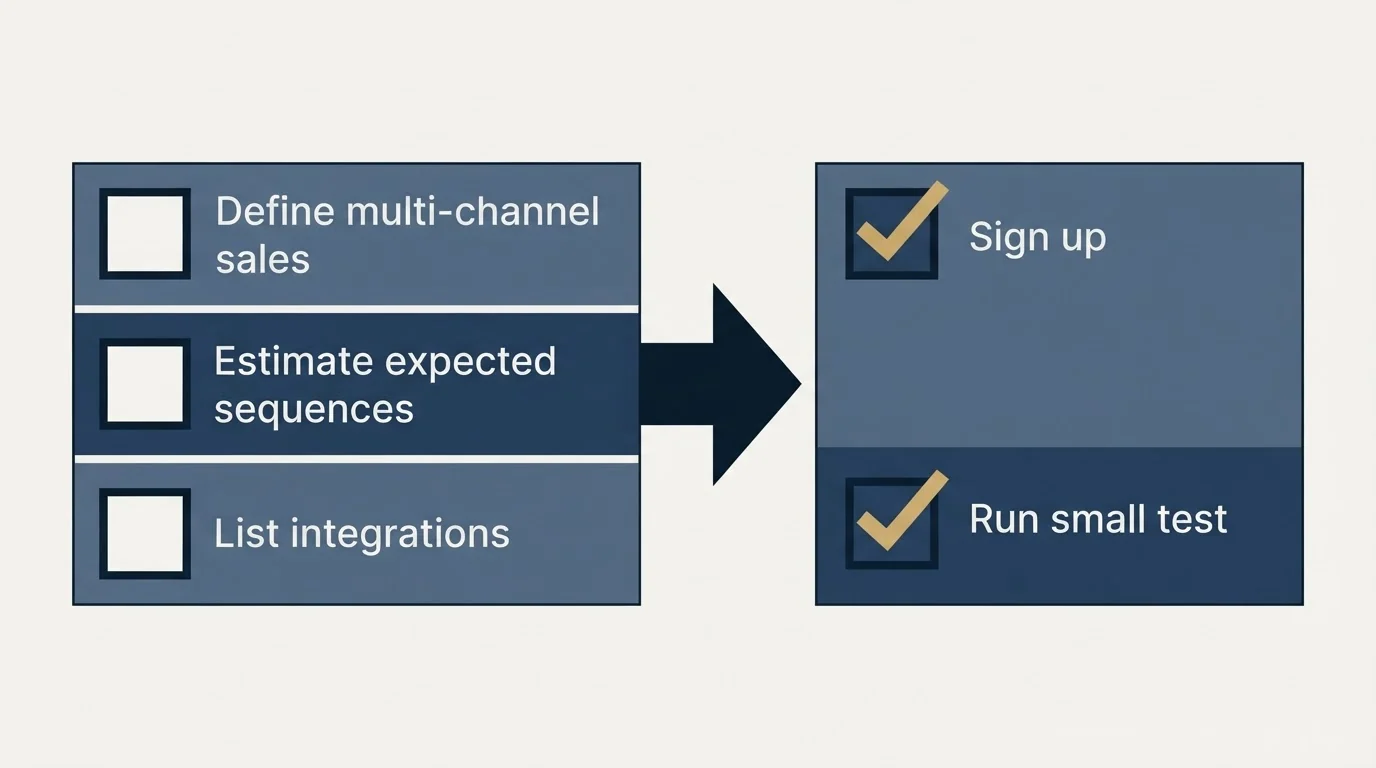 Before-and-after steps: Getting Started Checklist (Define multi-channel sales, Estimate expected sequences, List integrations, Sign up)