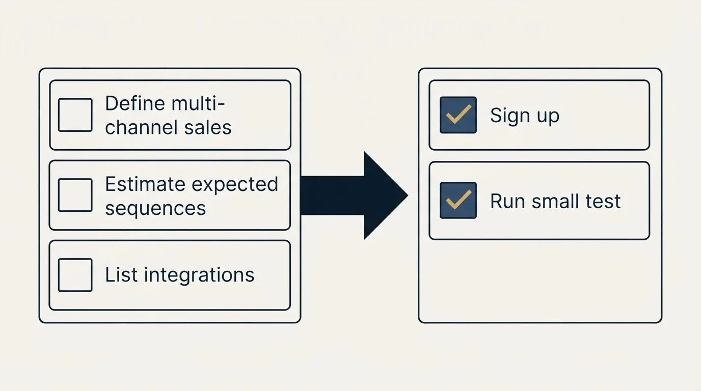 Before-and-after steps: Getting Started Checklist (Define multi-channel sales, Estimate expected sequences, List integrations, Sign up)