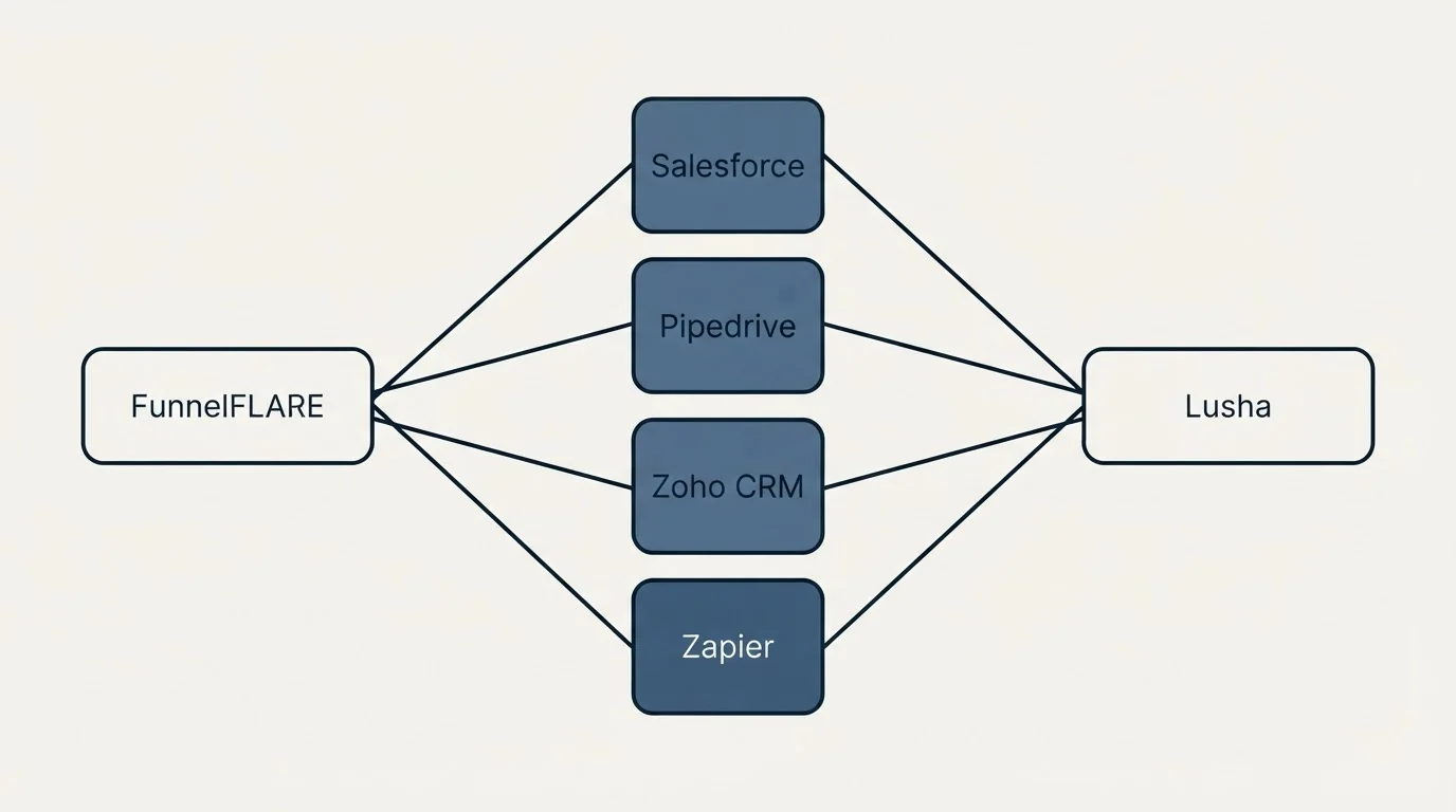 Integration flow: Integration Ecosystem (FunnelFLARE, Lusha, Salesforce, Pipedrive)
