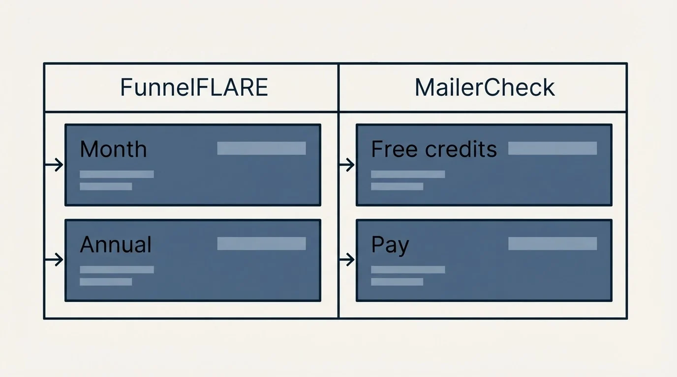 Pricing table: Pricing Comparison (FunnelFLARE, MailerCheck, Month, Free credits)