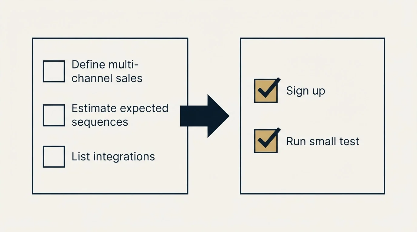 Before-and-after steps: Getting Started Checklist (Define multi-channel sales, Estimate expected sequences, List integrations, Sign up)