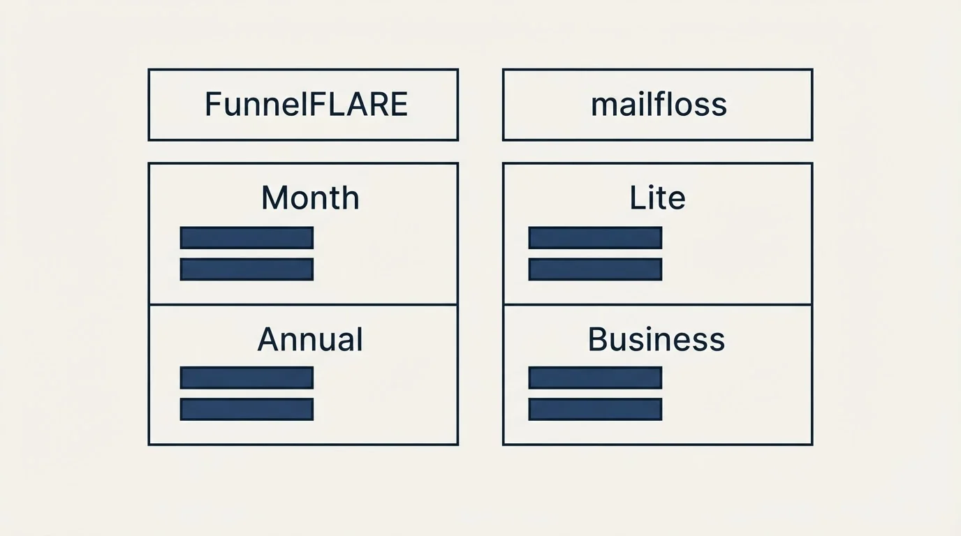Pricing table: Pricing Comparison (FunnelFLARE, mailfloss, Month, Lite)