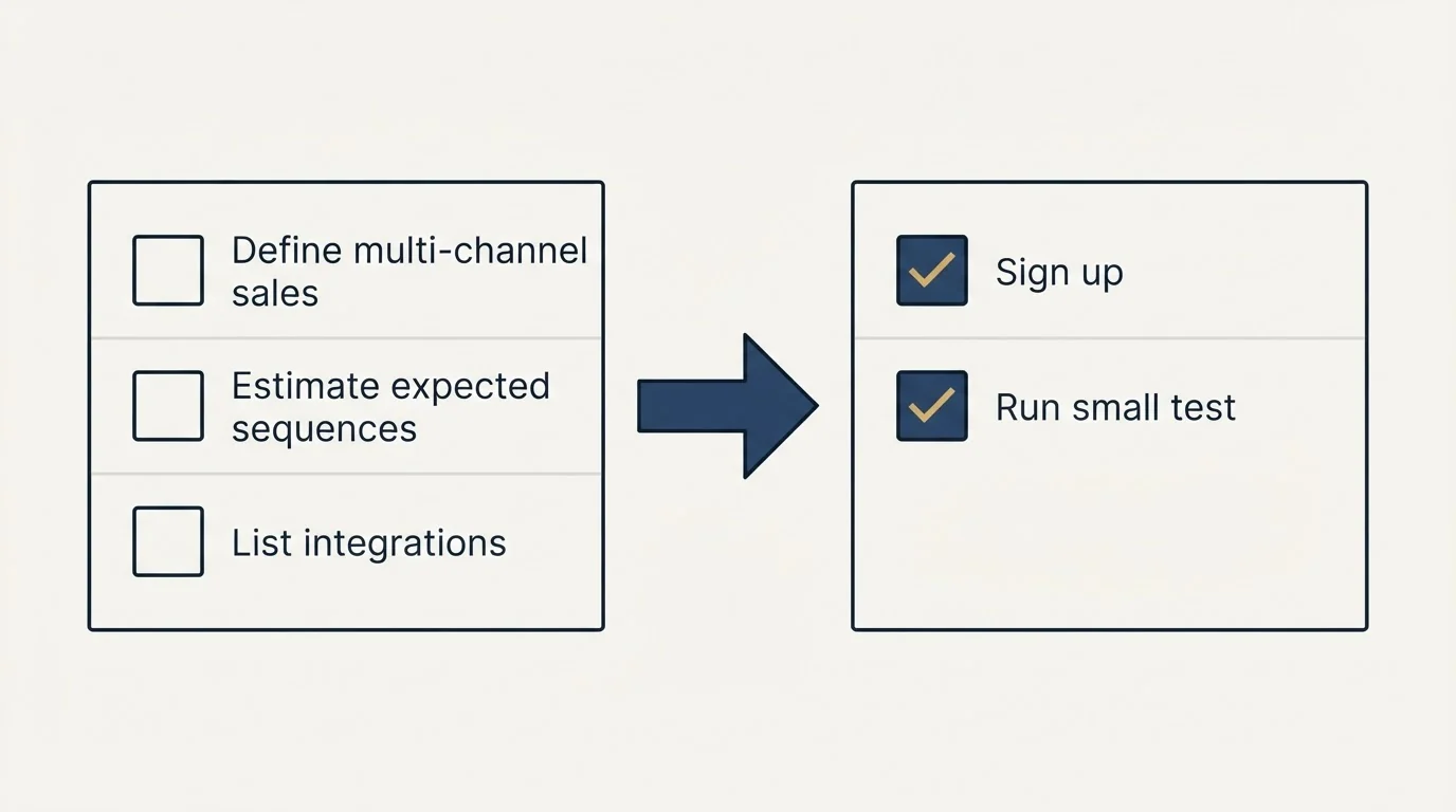 Before-and-after steps: Getting Started Checklist (Define multi-channel sales, Estimate expected sequences, List integrations, Sign up)