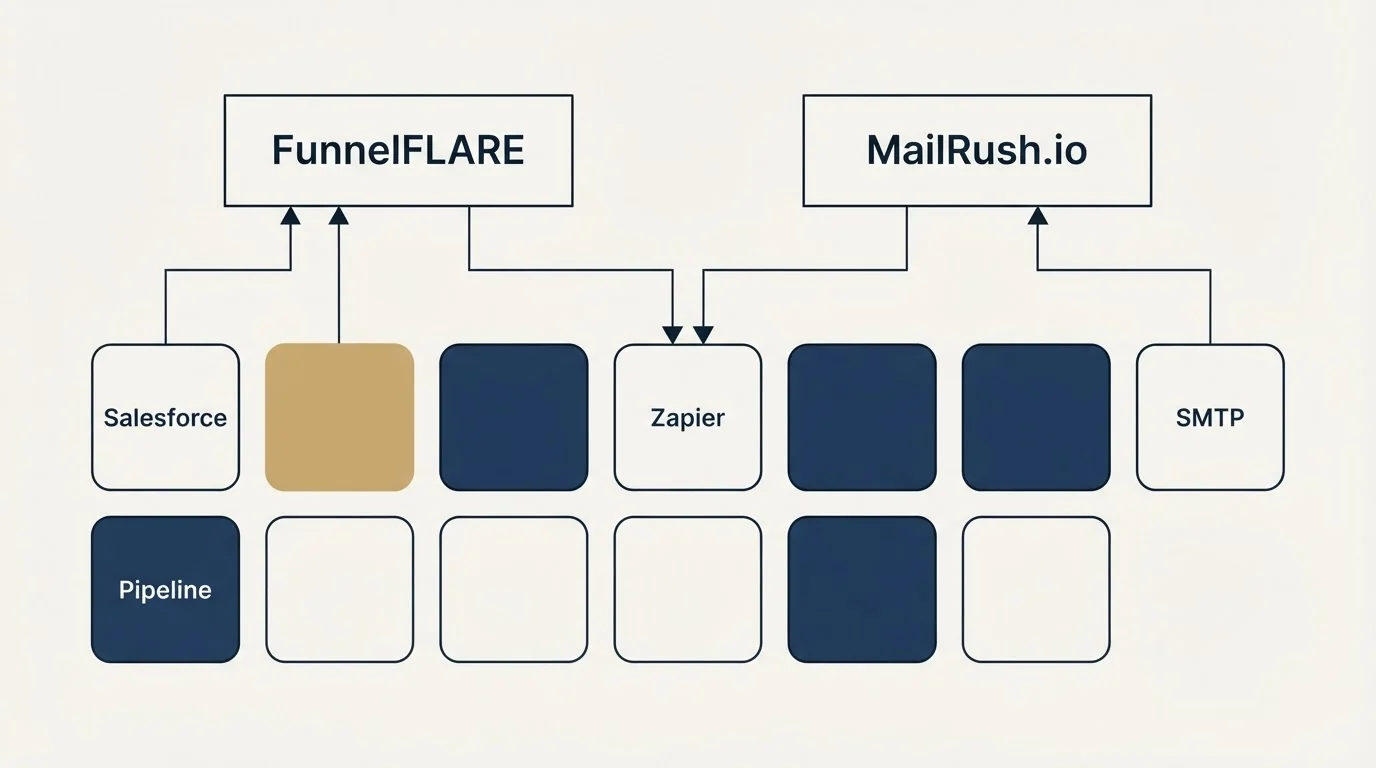 Integration grid: Integration Ecosystem (FunnelFLARE, MailRush.io, Zapier, Salesforce)