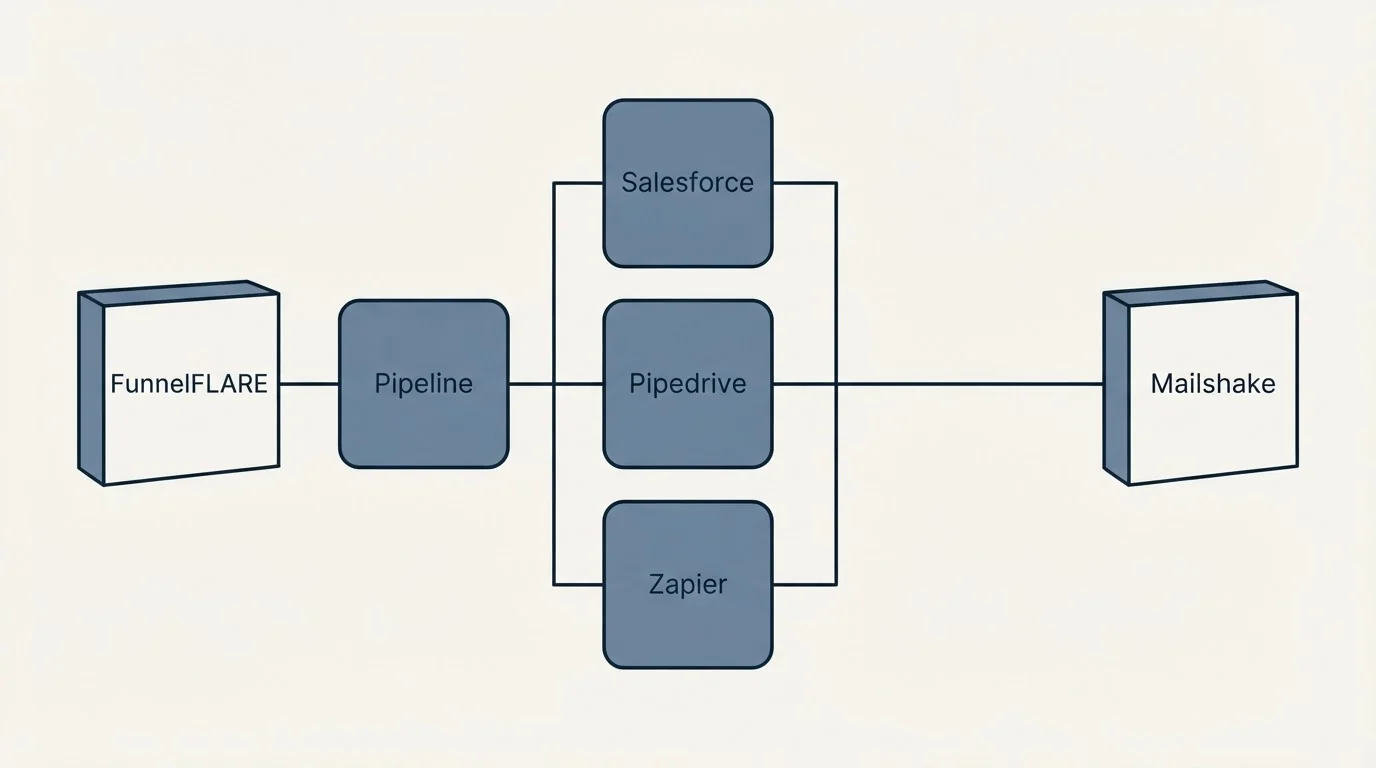 Integration flow: Integration Ecosystem (FunnelFLARE, Mailshake, Salesforce, Pipedrive)