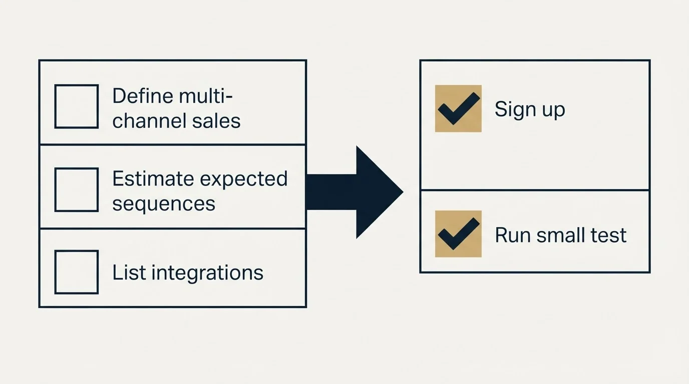 Before-and-after steps: Getting Started Checklist (Define multi-channel sales, Estimate expected sequences, List integrations, Sign up)