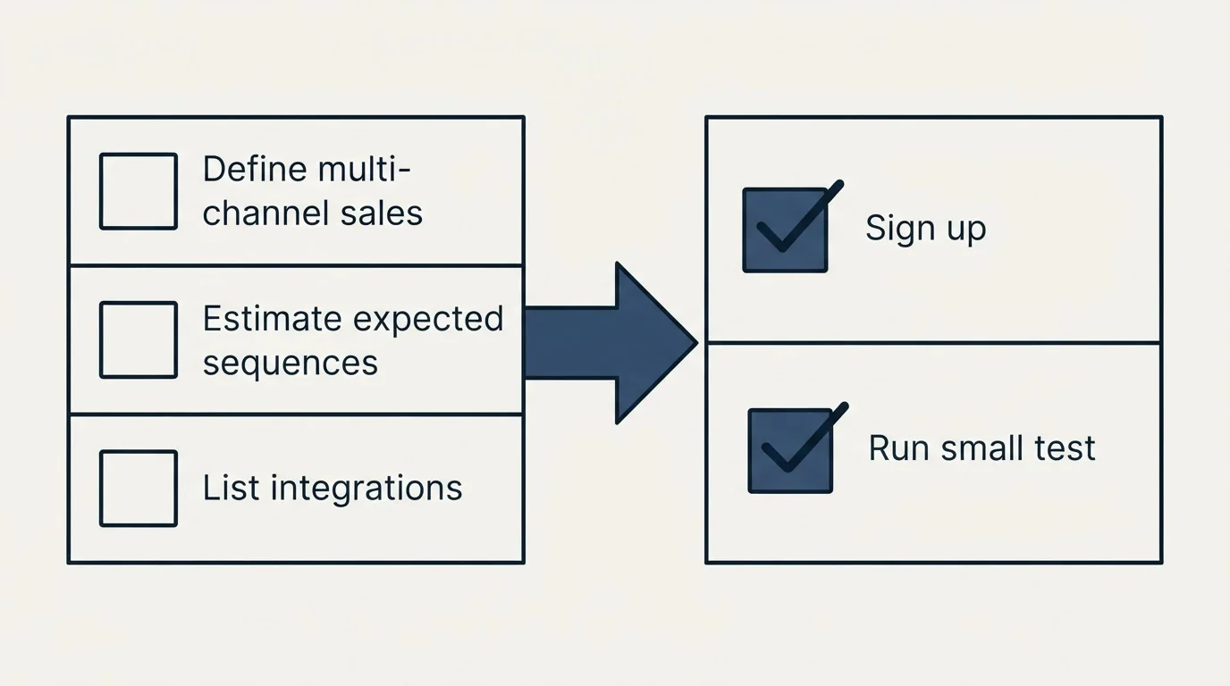 Before-and-after steps: Getting Started Checklist (Define multi-channel sales, Estimate expected sequences, List integrations, Sign up)