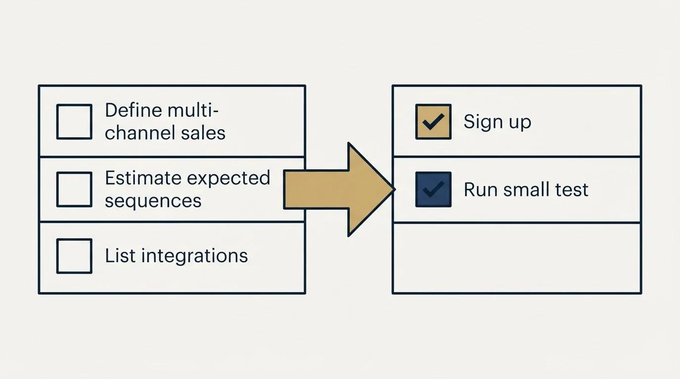 Before-and-after steps: Getting Started Checklist (Define multi-channel sales, Estimate expected sequences, List integrations, Sign up)