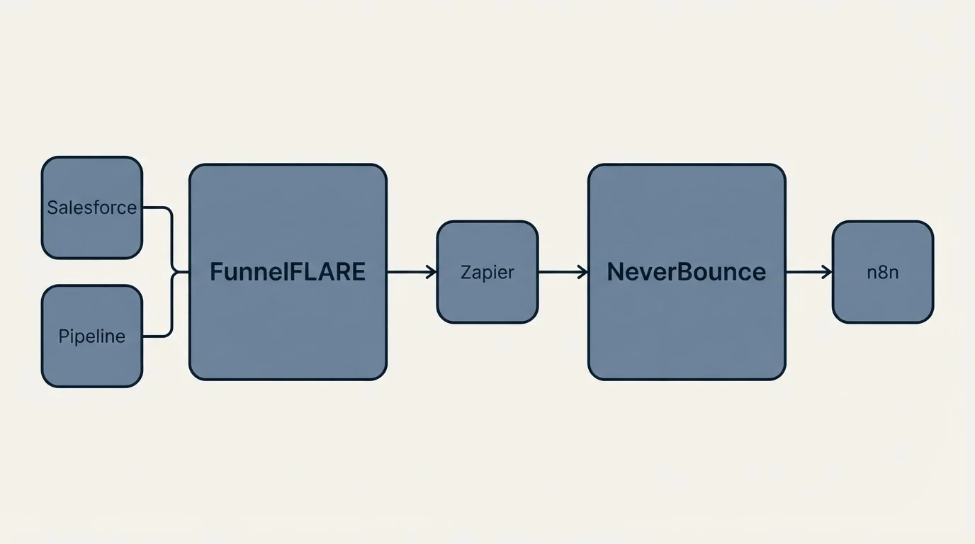 Integration schematic: Integration Ecosystem (FunnelFLARE, NeverBounce, Zapier, Salesforce)