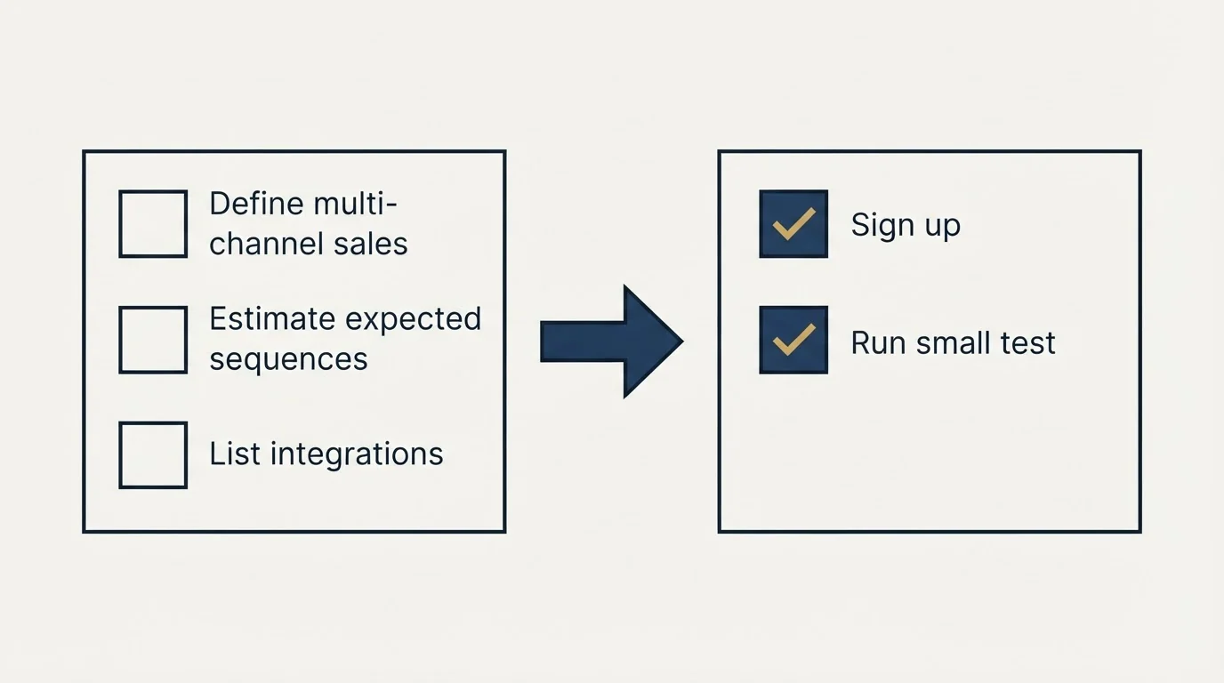 Before-and-after steps: Getting Started Checklist (Define multi-channel sales, Estimate expected sequences, List integrations, Sign up)