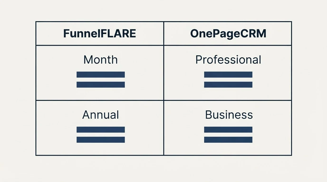 Pricing table: Pricing Comparison (FunnelFLARE, OnePageCRM, Month, Professional)