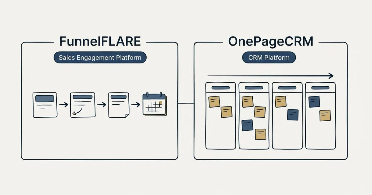 Side-by-side panels: FunnelFLARE vs OnePageCRM (Sales Engagement Platform, CRM Platform)