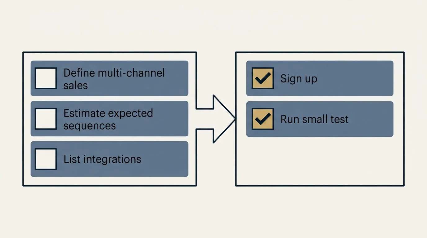 Before-and-after steps: Getting Started Checklist (Define multi-channel sales, Estimate expected sequences, List integrations, Sign up)