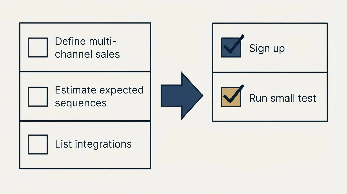 Before-and-after steps: Getting Started Checklist (Define multi-channel sales, Estimate expected sequences, List integrations, Sign up)