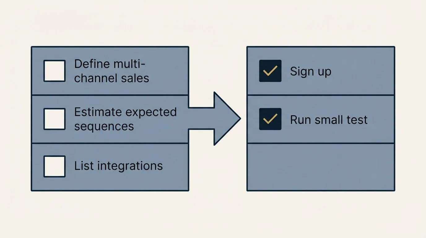 Before-and-after steps: Getting Started Checklist (Define multi-channel sales, Estimate expected sequences, List integrations, Sign up)