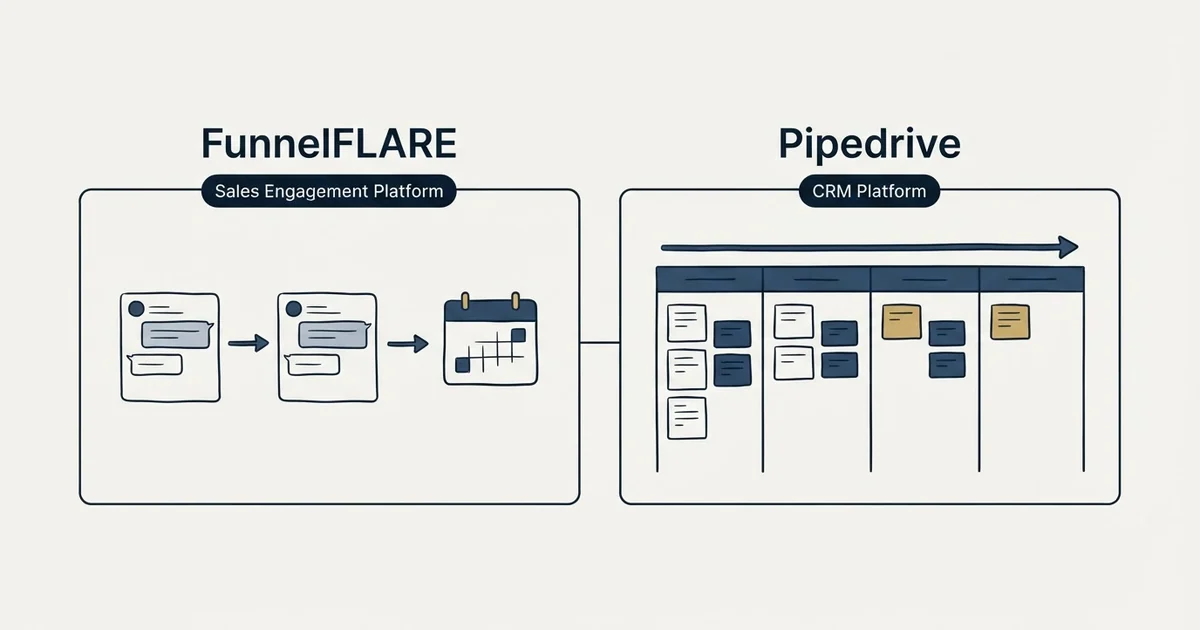 Side-by-side panels: FunnelFLARE vs Pipedrive (Sales Engagement Platform, CRM Platform)
