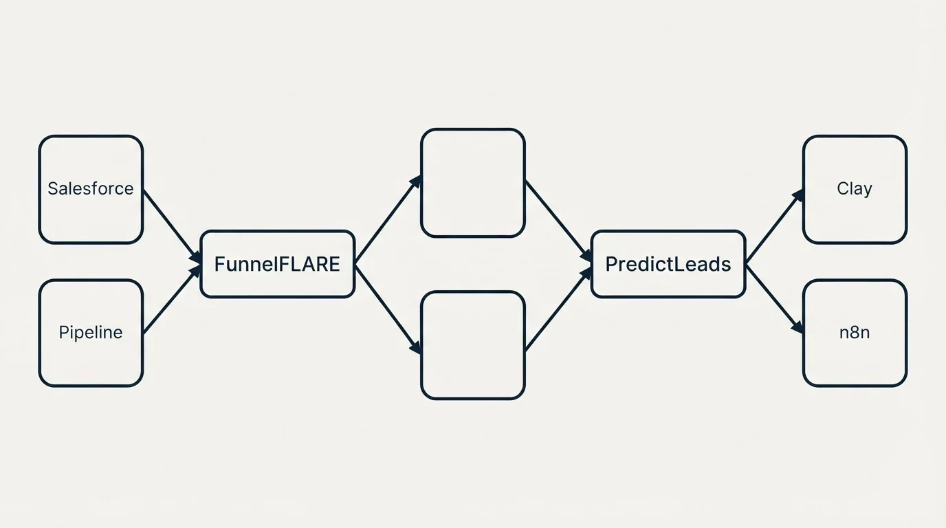 Integration schematic: Integration Ecosystem (FunnelFLARE, PredictLeads, Salesforce, Clay)