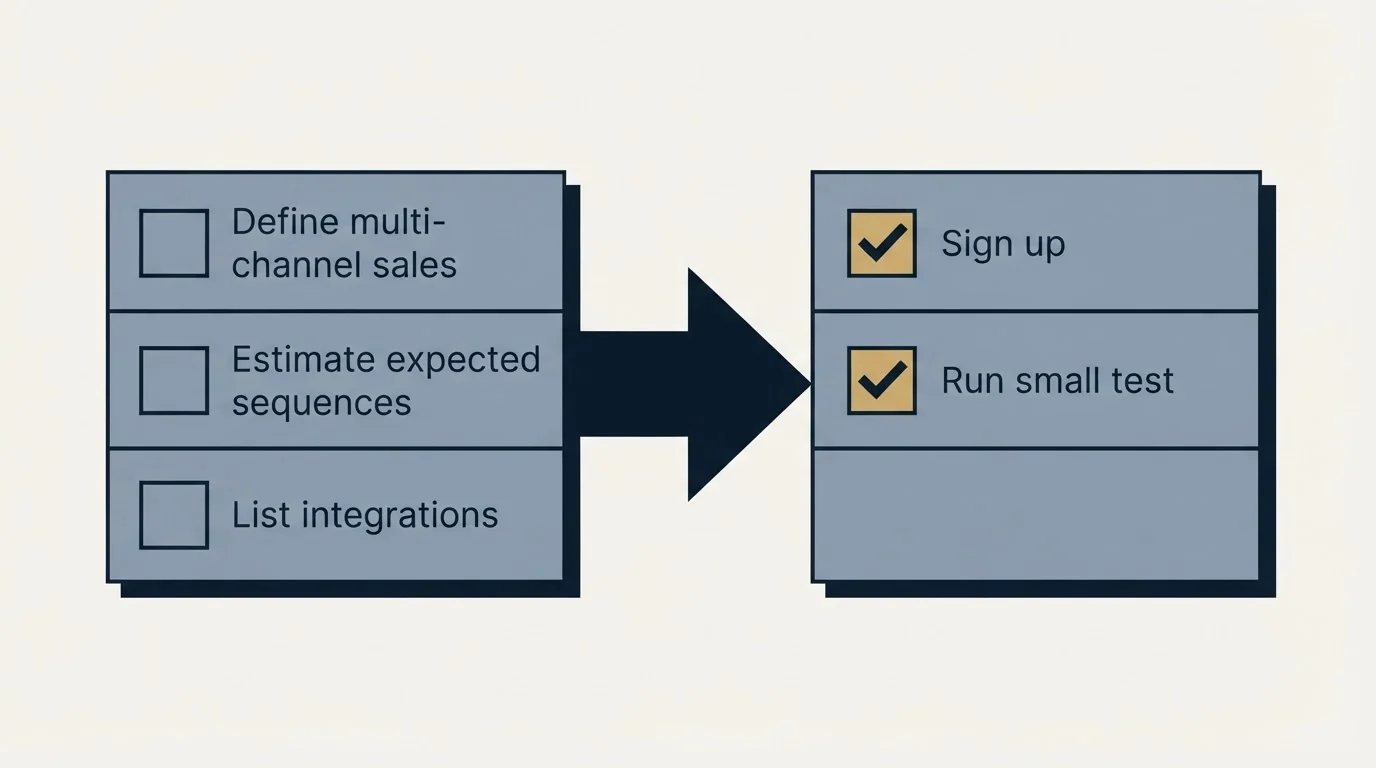 Before-and-after steps: Getting Started Checklist (Define multi-channel sales, Estimate expected sequences, List integrations, Sign up)