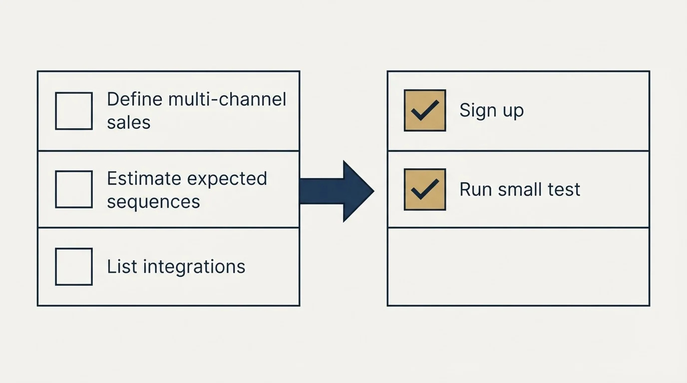 Before-and-after steps: Getting Started Checklist (Define multi-channel sales, Estimate expected sequences, List integrations, Sign up)