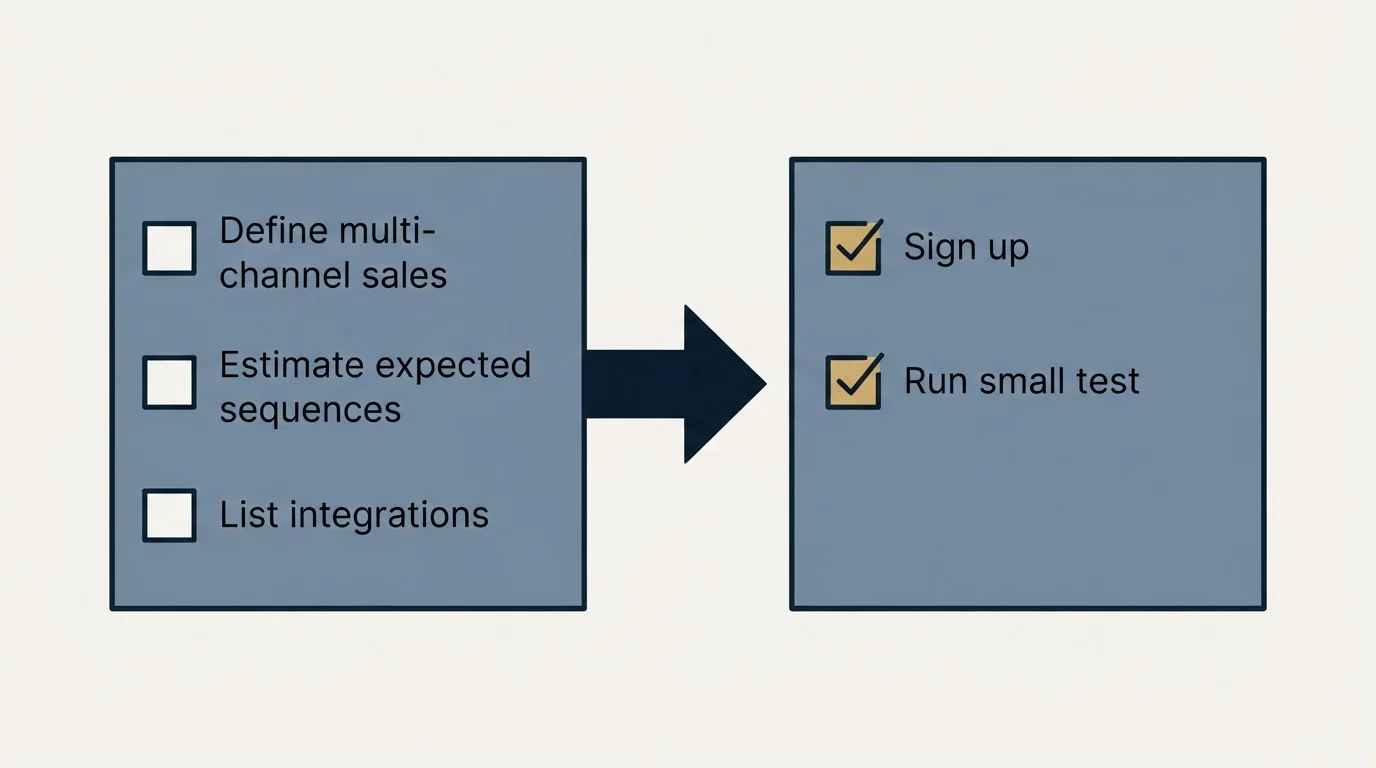 Before-and-after steps: Getting Started Checklist (Define multi-channel sales, Estimate expected sequences, List integrations, Sign up)