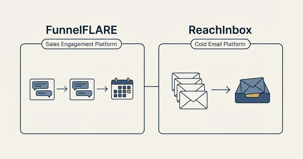 Side-by-side panels: FunnelFLARE vs ReachInbox (Sales Engagement Platform, Cold Email Platform)