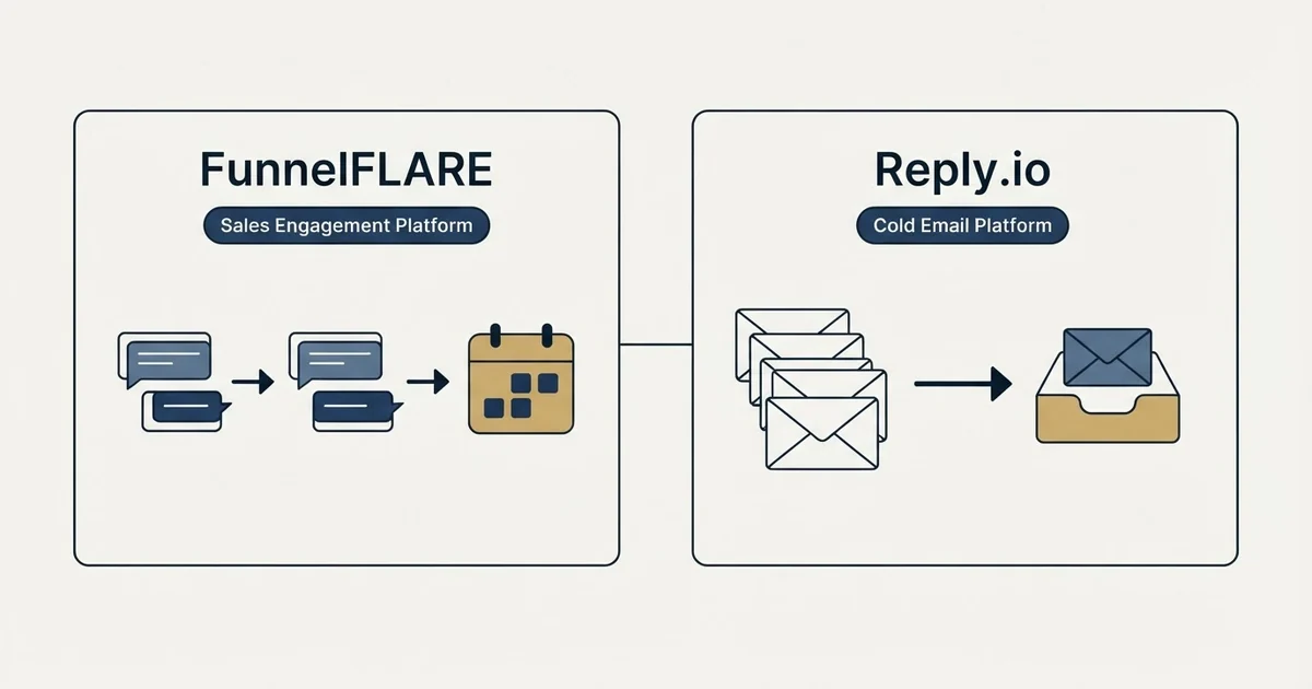 Side-by-side panels: FunnelFLARE vs Reply.io (Sales Engagement Platform, Cold Email Platform)