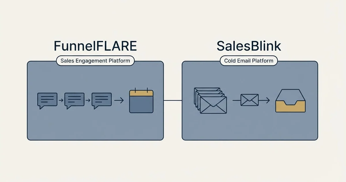 Side-by-side panels: FunnelFLARE vs SalesBlink (Sales Engagement Platform, Cold Email Platform)
