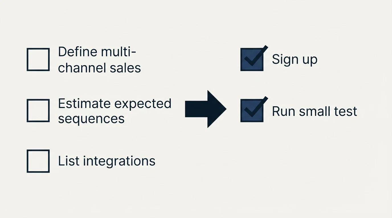 Before-and-after steps: Getting Started Checklist (Define multi-channel sales, Estimate expected sequences, List integrations, Sign up)