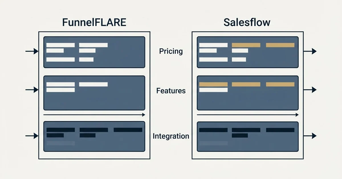 Comparison panel: FunnelFLARE vs Salesflow (Pricing, Features, Integration)