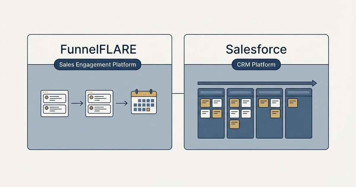 Side-by-side panels: FunnelFLARE vs Salesforce (Sales Engagement Platform, CRM Platform)