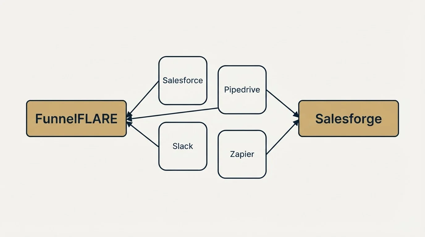 Integration schematic: Integration Ecosystem (FunnelFLARE, Salesforge, Salesforce, Pipedrive)