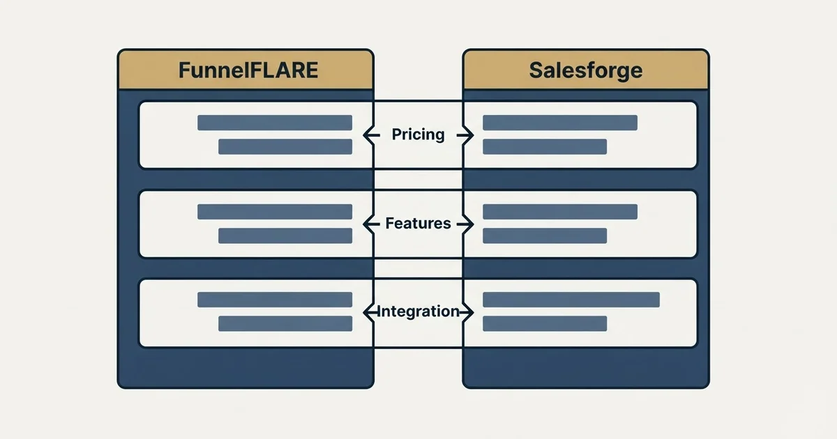 Comparison panel: FunnelFLARE vs Salesforge (Pricing, Features, Integration)