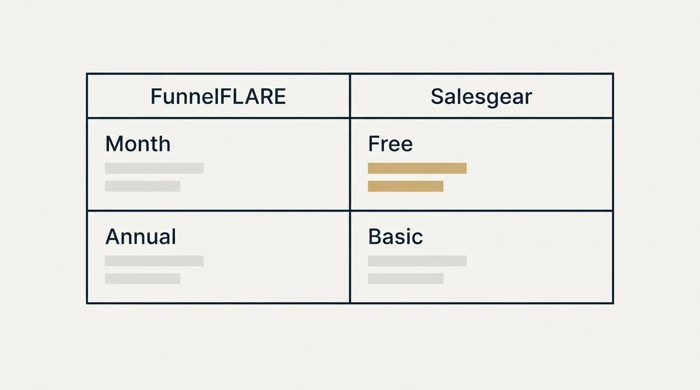 Pricing table: Pricing Comparison (FunnelFLARE, Salesgear, Month, Free)