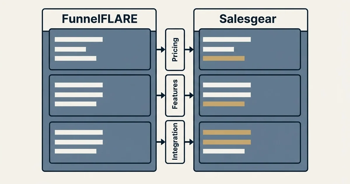 Comparison panel: FunnelFLARE vs Salesgear (Pricing, Features, Integration)