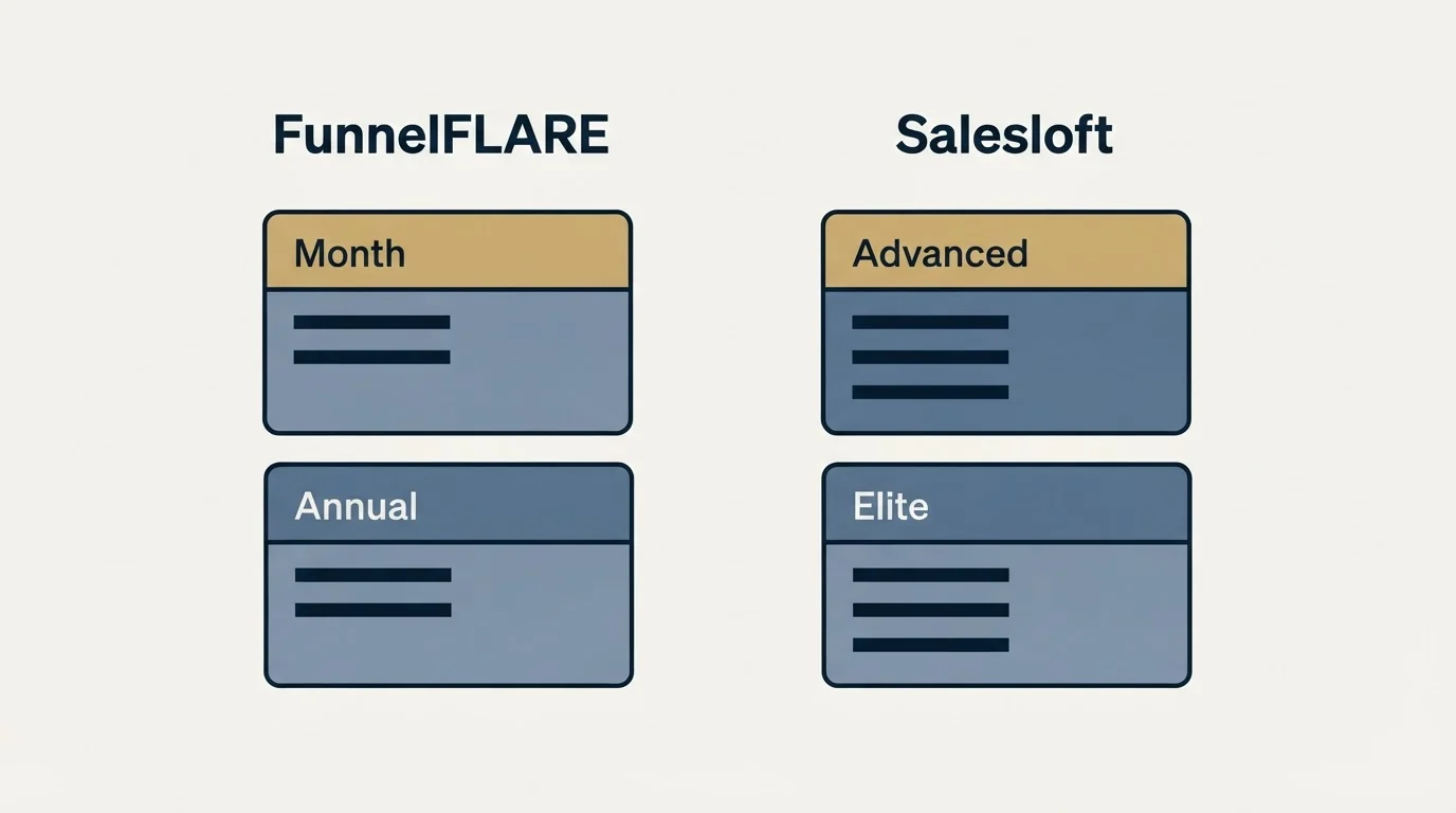 Pricing panels: Pricing Comparison (FunnelFLARE, Salesloft, Month, Advanced)