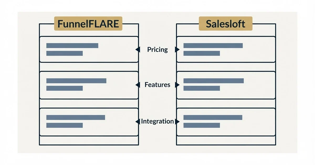 Comparison panel: FunnelFLARE vs Salesloft (Pricing, Features, Integration)