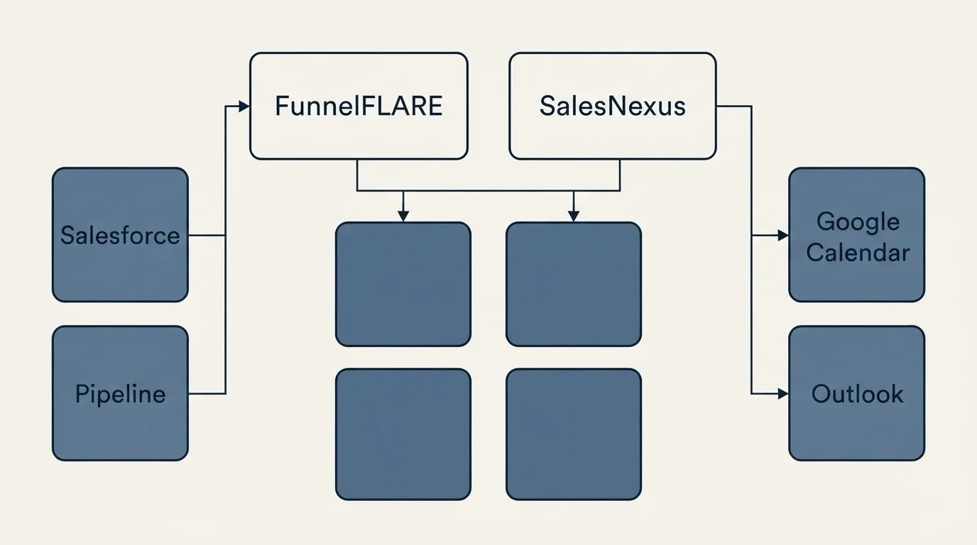 Integration grid: Integration Ecosystem (FunnelFLARE, SalesNexus, Salesforce, Google Calendar)