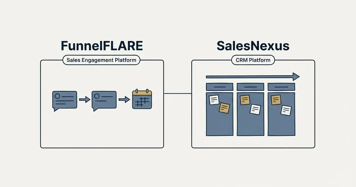Side-by-side panels: FunnelFLARE vs SalesNexus (Sales Engagement Platform, CRM Platform)