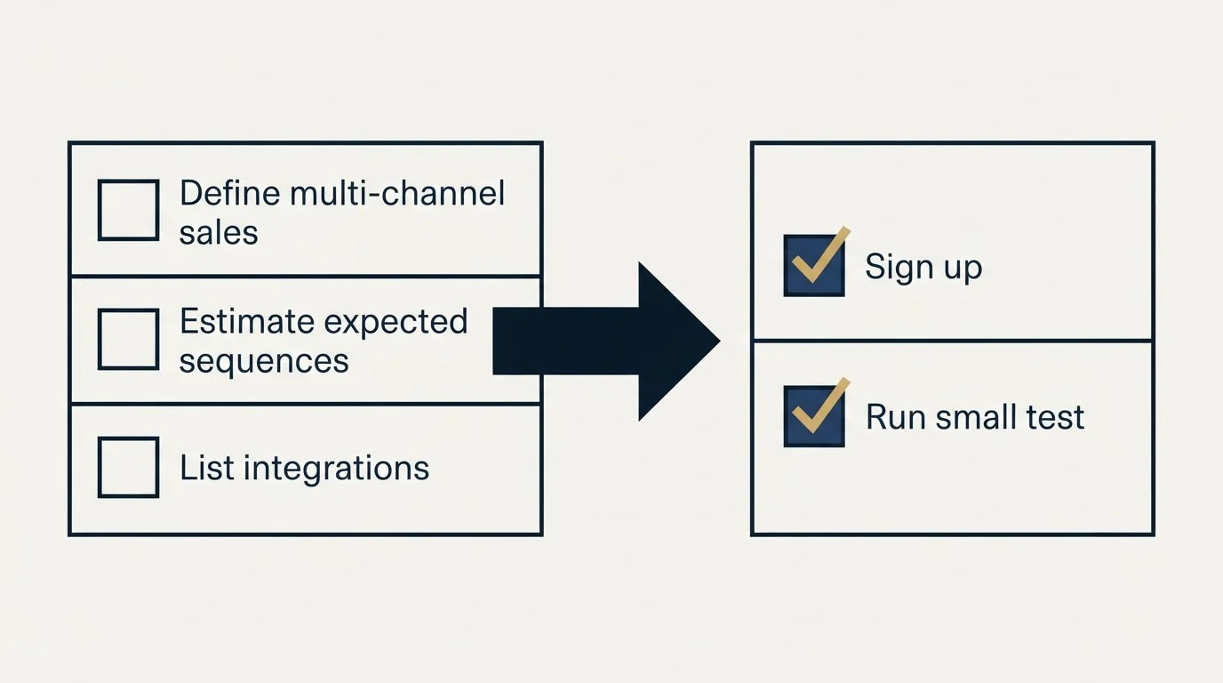 Before-and-after steps: Getting Started Checklist (Define multi-channel sales, Estimate expected sequences, List integrations, Sign up)