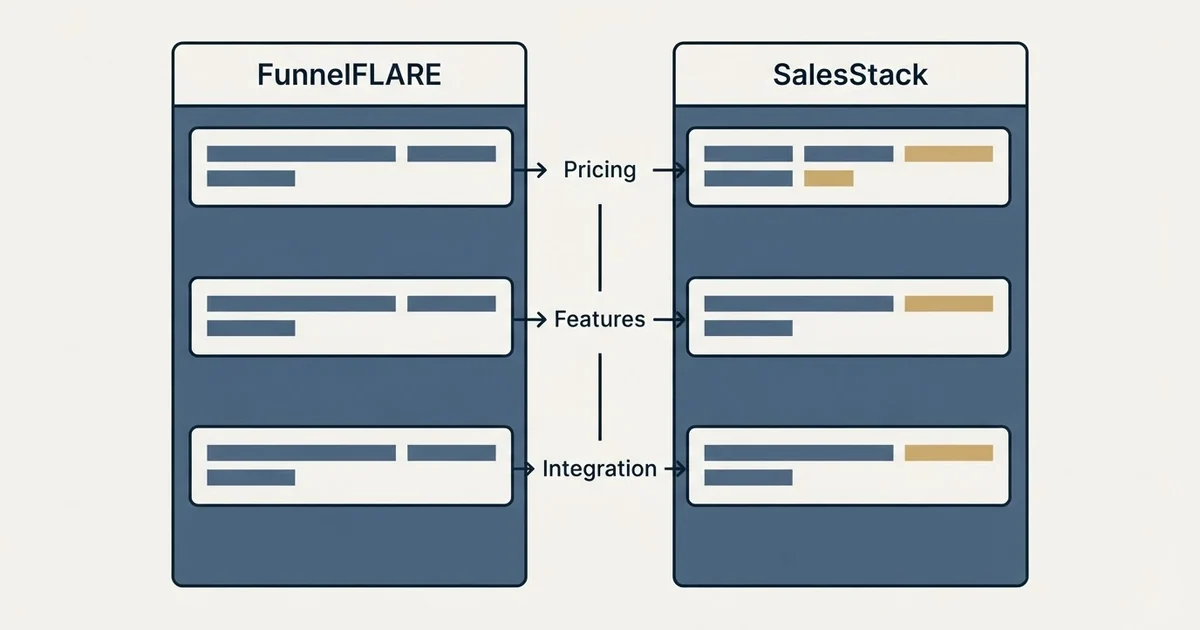 Comparison panel: FunnelFLARE vs SalesStack (Pricing, Features, Integration)
