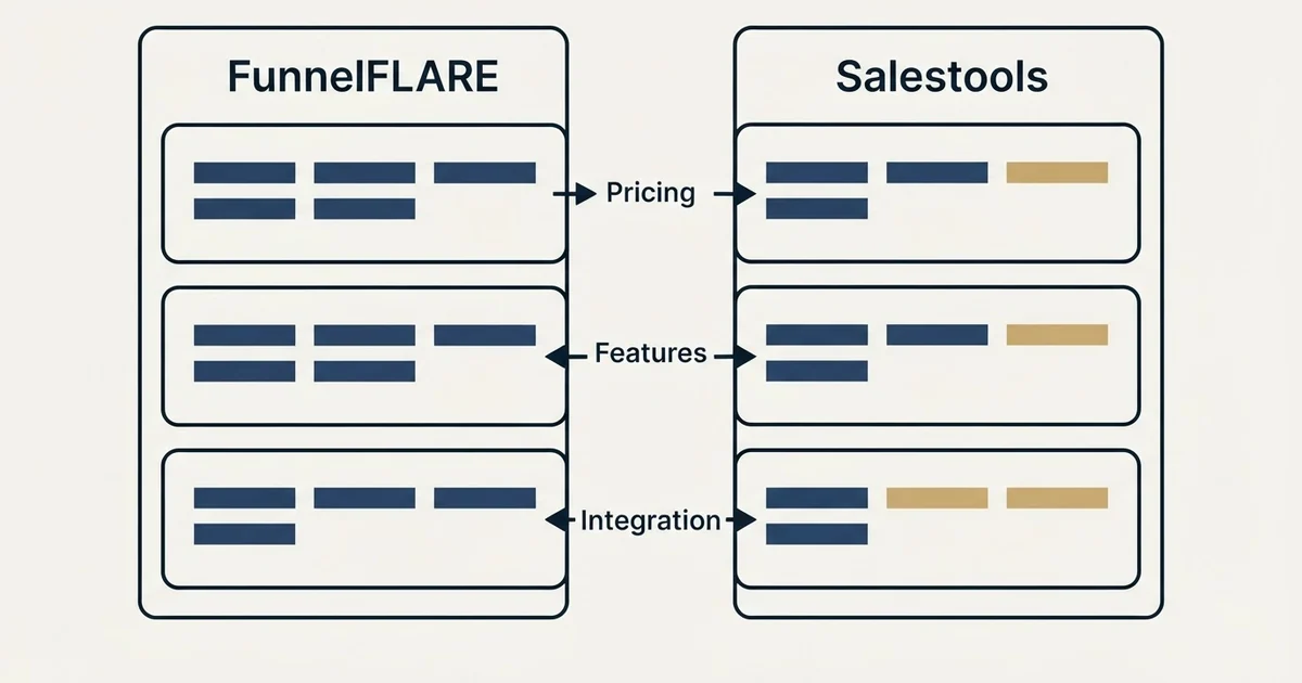 Comparison panel: FunnelFLARE vs Salestools (Pricing, Features, Integration)