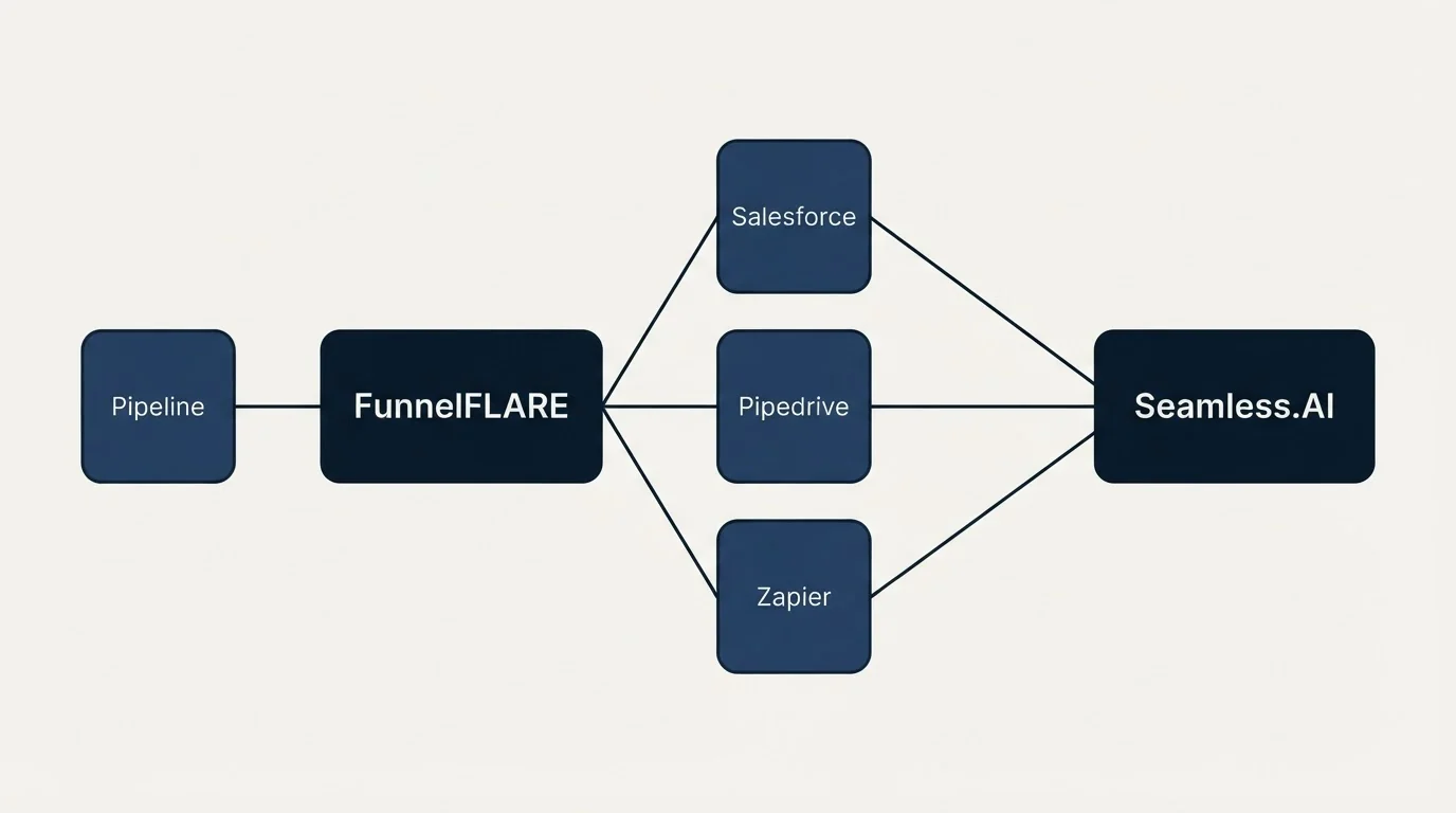 Integration schematic: Integration Ecosystem (FunnelFLARE, Seamless.AI, Salesforce, Pipedrive)