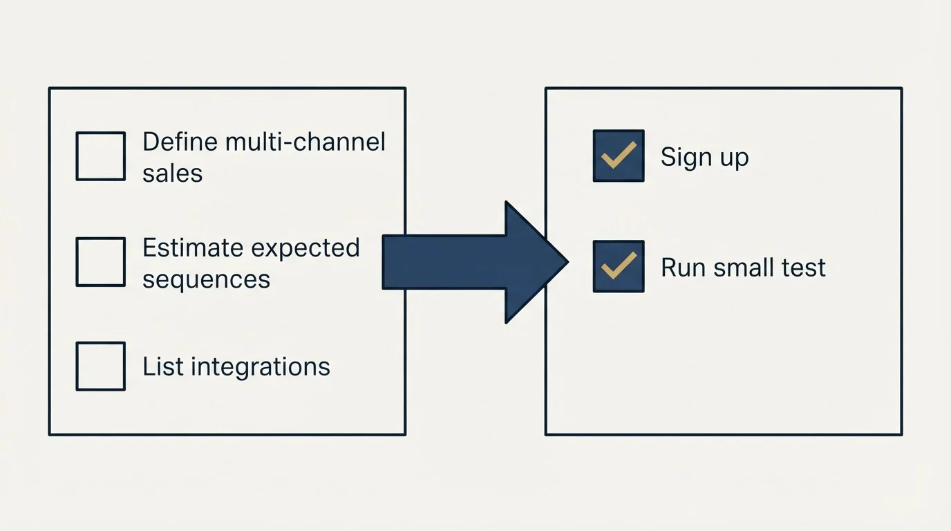 Before-and-after steps: Getting Started Checklist (Define multi-channel sales, Estimate expected sequences, List integrations, Sign up)