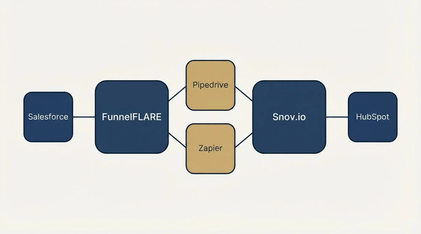 Integration schematic: Integration Ecosystem (FunnelFLARE, Snov.io, Pipedrive, Zapier)