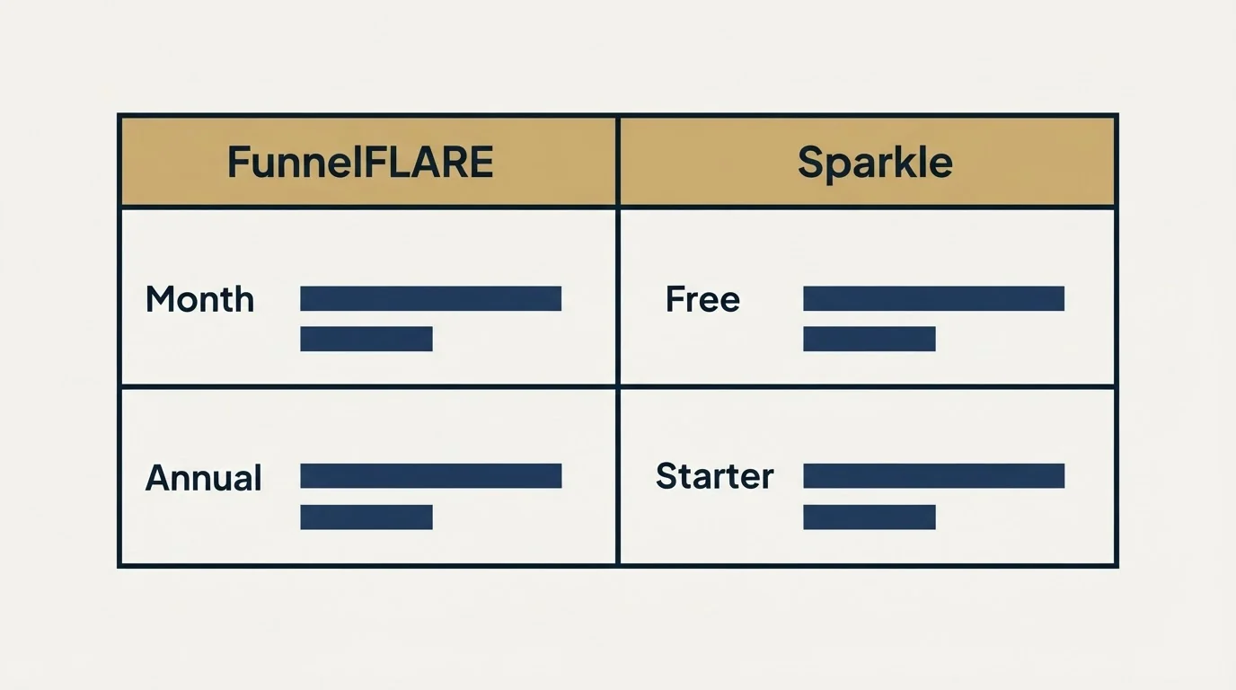 Pricing table: Pricing Comparison (FunnelFLARE, Sparkle, Month, Free)