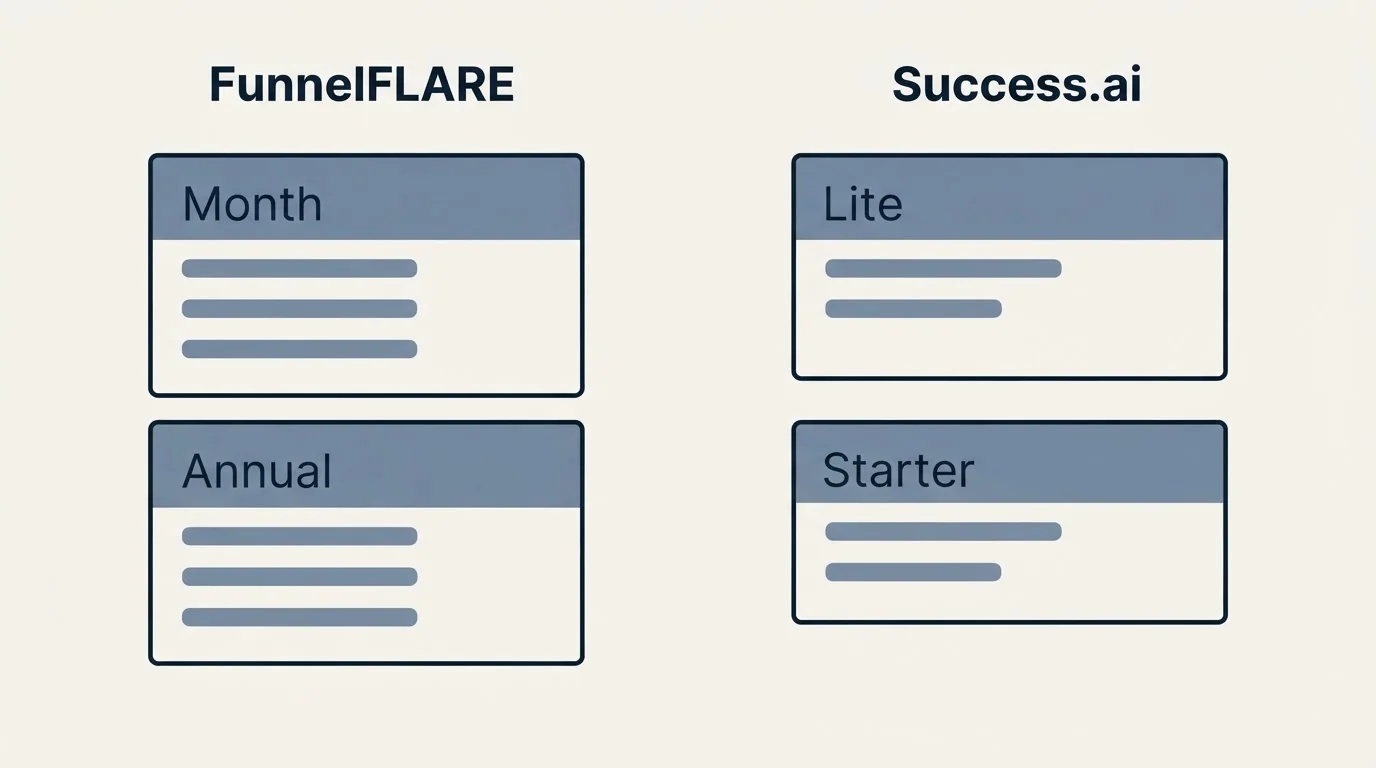 Pricing panels: Pricing Comparison (FunnelFLARE, Success.ai, Month, Lite)