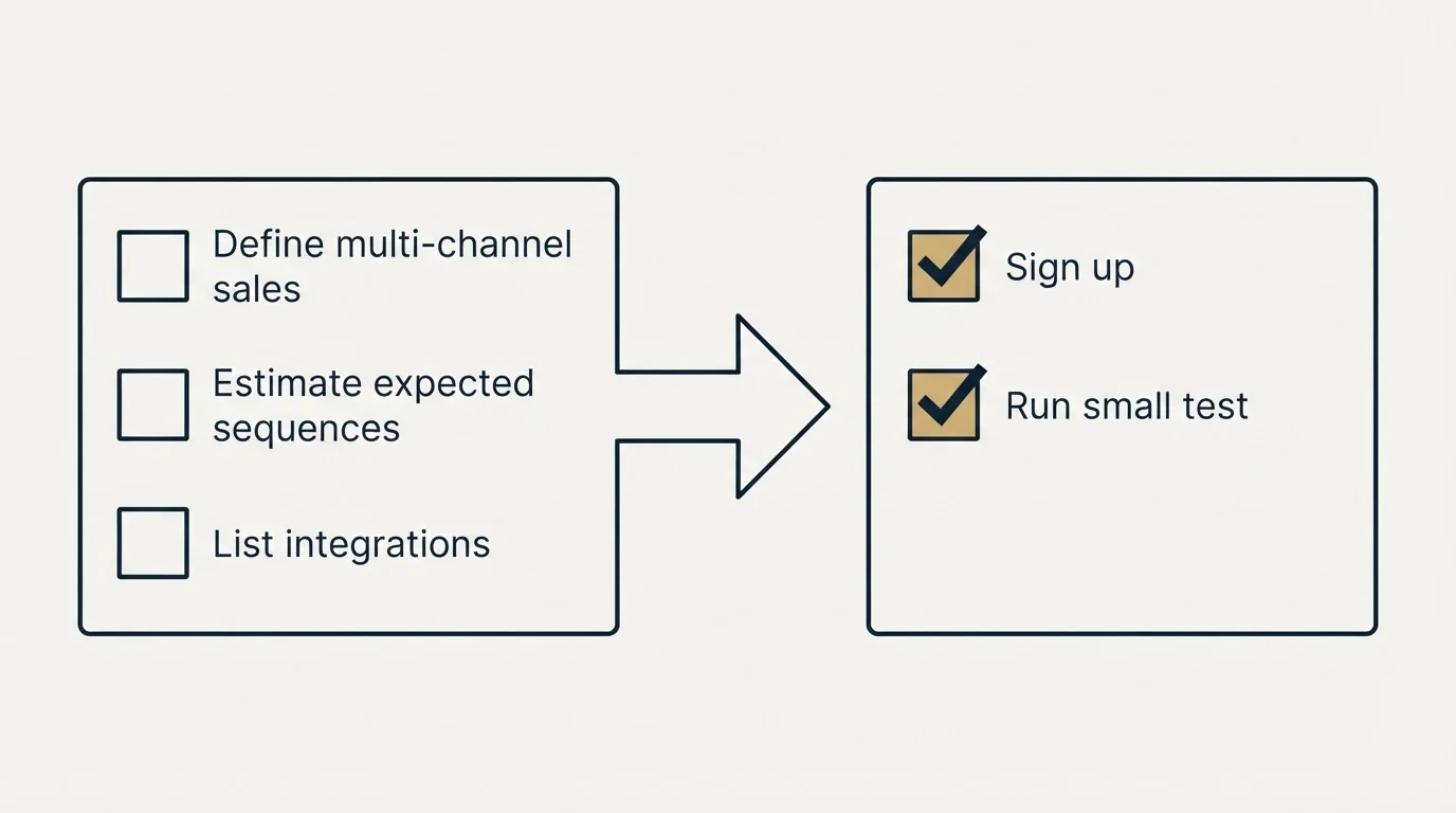 Before-and-after steps: Getting Started Checklist (Define multi-channel sales, Estimate expected sequences, List integrations, Sign up)